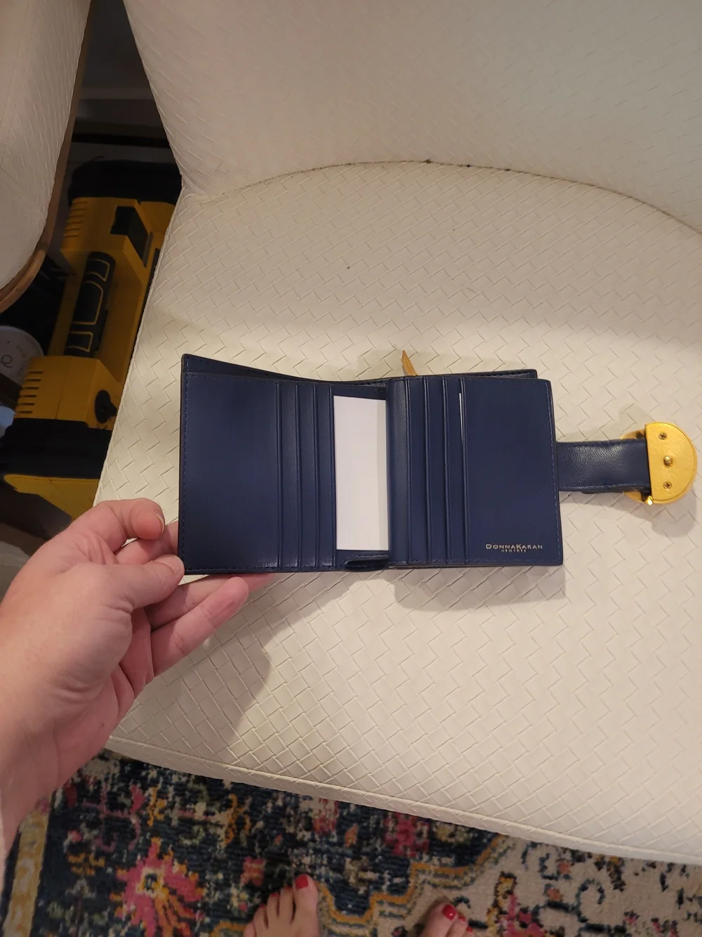 Donna Karan Navy Leather Card Holder with Gold Crescent Accent